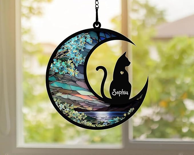 NAZENTI Cat Memorial Suncatcher, Personalized with Name and Cat Breeds, Loss of Pet Sympathy Suncatcher Gifts for Cat Lovers, Cat Sympathy Gift, Remembrance Gifts, Memorial Day Decorations Design 01