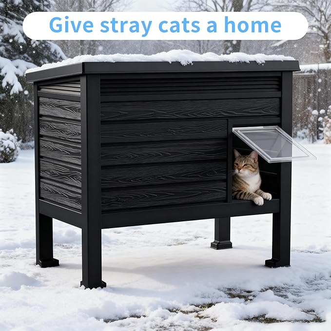 Outdoor Cat House,Weatherproof Feral Cat Shelter with Rasied Floor &Windscreen,Insulated Outdoor Cat House for Feral Cats,Rabbits,Multiple Small Animals(Black)