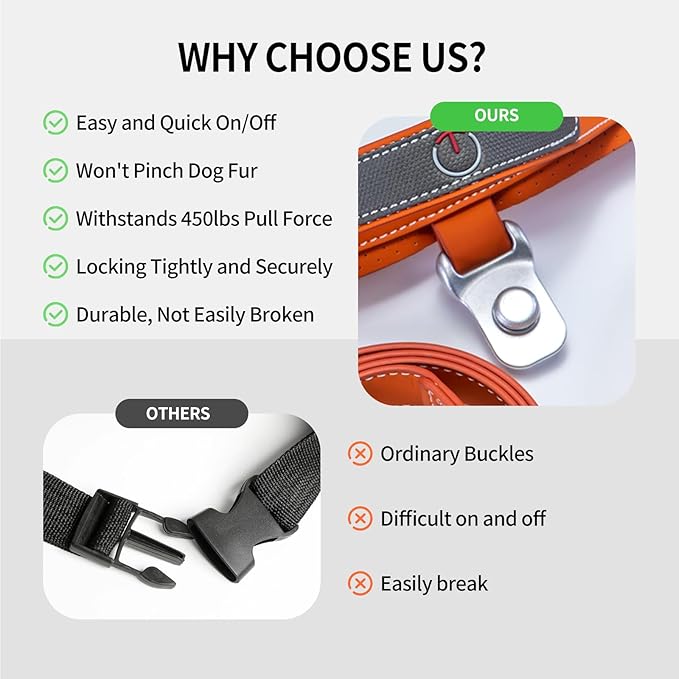 Magnetic Quick-Release Buckle Dog Harness and Leash Set, Easy Walk Faux Leather Puppy Harness, Easy On & Off Dog Vest with Handle for Medium, Large Girl Boy Dogs for Hiking Training, Orange, XL