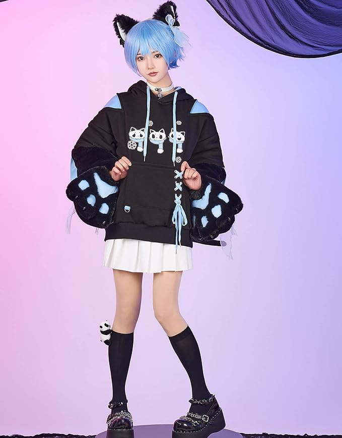 Micotaku Womens Pullover Hoodie with Detachable Bag Design Furry Cat Paw Gloves Skull Cat Pattern Sweatshirt