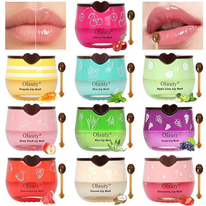 10 PCS Bee Lip Balm Lip Mask Honey Pot,Strawberry,Watermelon,Cherry,Peach,Apple Lime,Mint,Honey Lip Balm Bulk Gifts Lip Sleeping Mask Overnight Lip Moisturizer,Mothers Day Gifts,Party Favors for Women