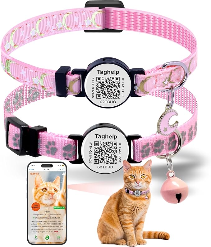 Reflective Moon & Star Cat Collar Breakaway with QR Code Smart ID tag & Bells, 2 Pack Girl Boy Pet Cat Collar Adjustable 7.5-12.5 Inch,boy & Girl Cats .No app(Pink)