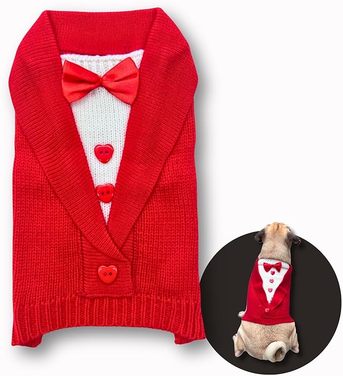 Cute Sweater for Dogs and Cats Soft Flannel Pet Outfit Warm and Cozy Animal Hoodie Small to Large Pet Clothes for Halloween Parties and Everyday Wear (X-Small, Red Bowtie)