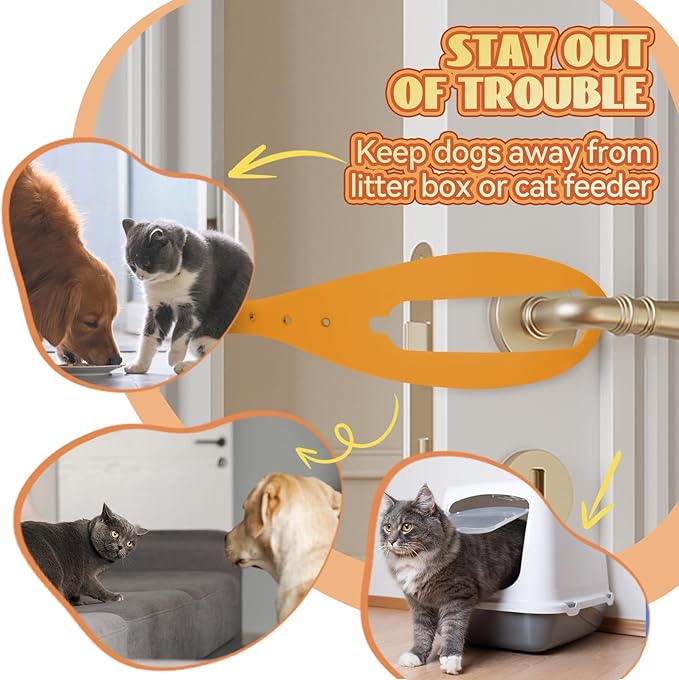 Cat Door Latch, 1 Pcs Cat Door Stopper Pet Door Latch to Keep Dog Out of Litter Box and Food, Door Prop for Cat with 5 Adjustable Size Strap 2.5-6" Wide, No Measuring, Easy to Install, Yellow