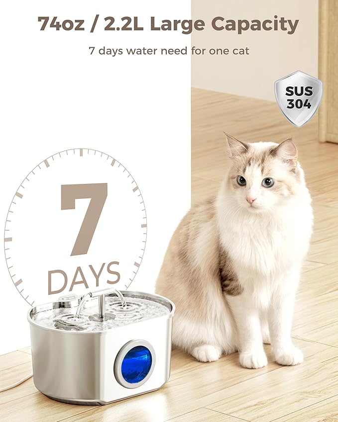 Cat Water Fountain Stainless Steel - Pet Drinking Fountain for Cats Indoor - 2.2L/74oz Automatic Water Dispenser with Watering Level Window (1 Filter)