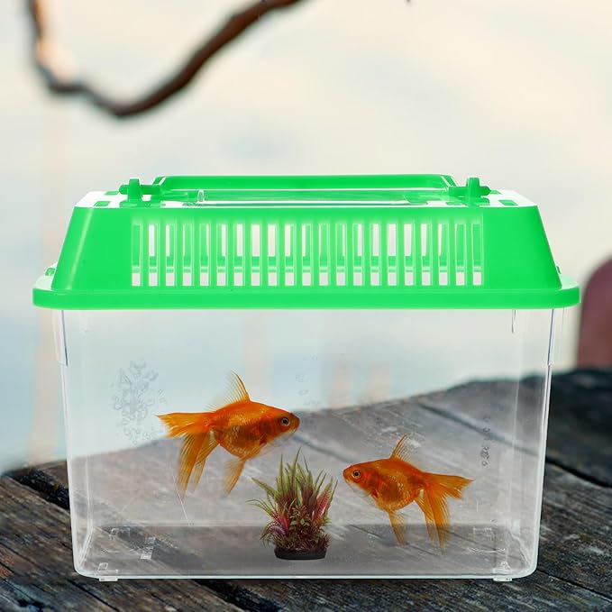 Portable Fish Tank Handheld Fish Tank,Plastic Mini Box Transparent Cutout Design, Plastic Aquarium with Handle for Turtle and Pet (Random Color Lid)