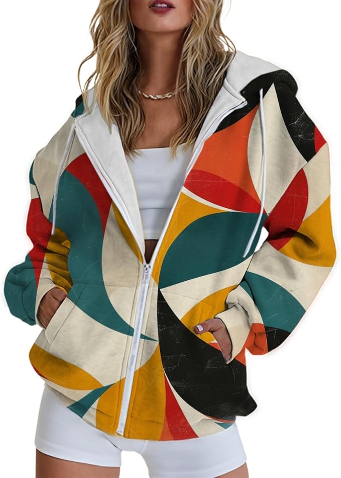 Hoodies for Women Zip Up Long Sleeve Hoodied Sweatshirt with Pockets Retro Graphic Women's Sweatshirt Trendy