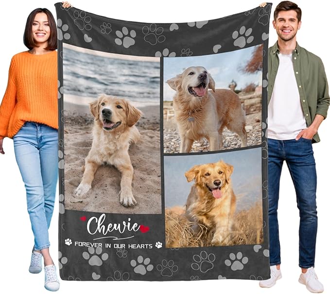 Custom Throw Mermorial Blanket with Dog Cat Pet Pictures & Name, Dog Memorial Blanket Personalized Memory Gift for Family and Friends Customized Bed Throw Blanket Sympathy Remembrance Made in USA
