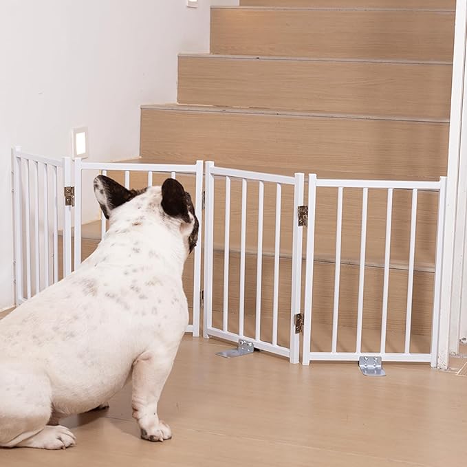 No Pawblems Free Standing Short Dog Gate, 16.5'' Tall Foldable Dog Fence for Indoor & Outdoor, Up to 48 Inch Extra Wide Puppy Gate for Stairs, Hallways, Doorways, Deck, Yard (White, 4 Panels)