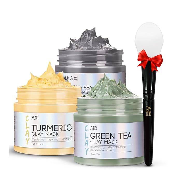 ANAI RUI 3 Pcs Face Mask Set - Turmeric Clay Mask - Green Tea Face Mask - Dead Sea Mud Mask for Oily Skin, Blackheads & Pores -Spa Gift Set Self Care for Women Teens(2.5 oz Each