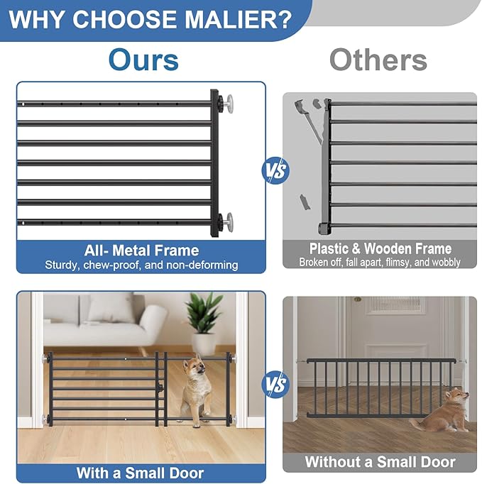 Malier Indoor Dog Gate with Door, 26-41" Extra Wide Full Metal Pet Gate Short Dog Gate for Stairs, Pressure Mount 10'' Tall Small Puppy Low Gate Easy Step Over for Doorways