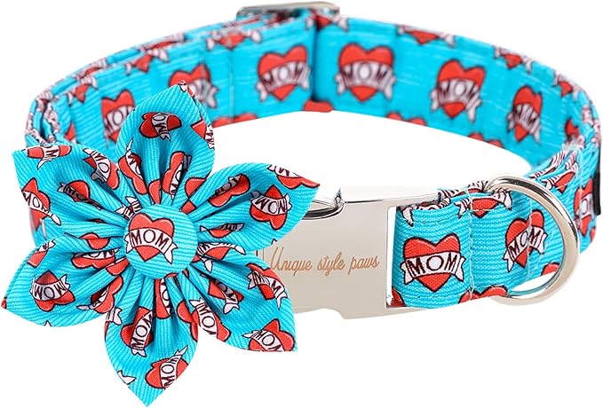 Unique style paws Valentine's Day Dog Collar with Flower Tie Blue Heart Puppy Collar Best Gift for Small Medium Large Boys Girls-L