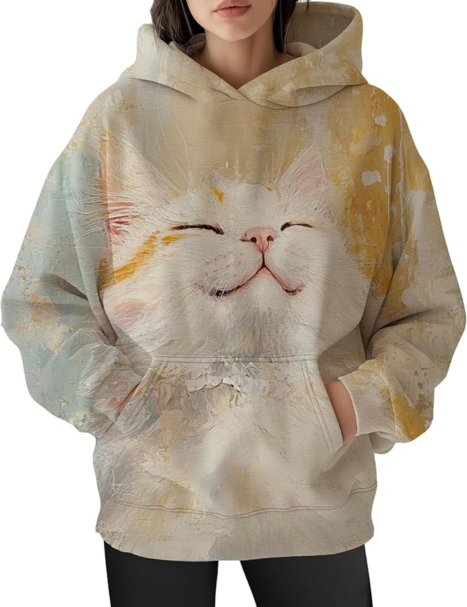 Womens Funny Cat Hoodies Oversized Graphic Hooded Sweatshirt for Women Fall Plus Size Pullover Hoodie Y2K