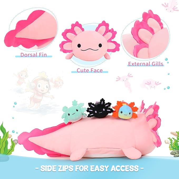 4Pcs Axolotl Plush, Large Pink Axolotl Stuffed Animal Mommy 24 inch with 3 Babies in Tummy, Soft Pillow Toys Gifts for Kids Girls Boys