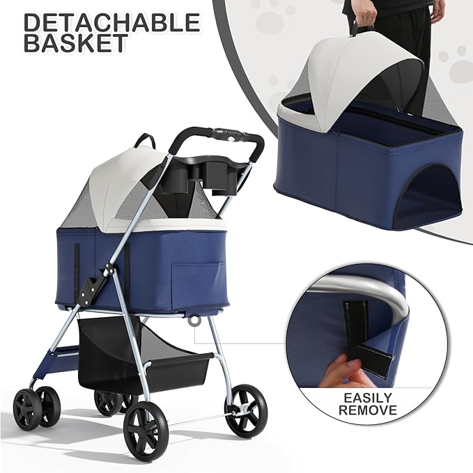 MoNiBloom 3 in 1 Foldable Pet Stroller for Small & Medium Dogs, Detachable Carrier, Car Seat, Push Button Entry, 4-Wheel Jogger for Pets up to 33 lbs, Navy Blue