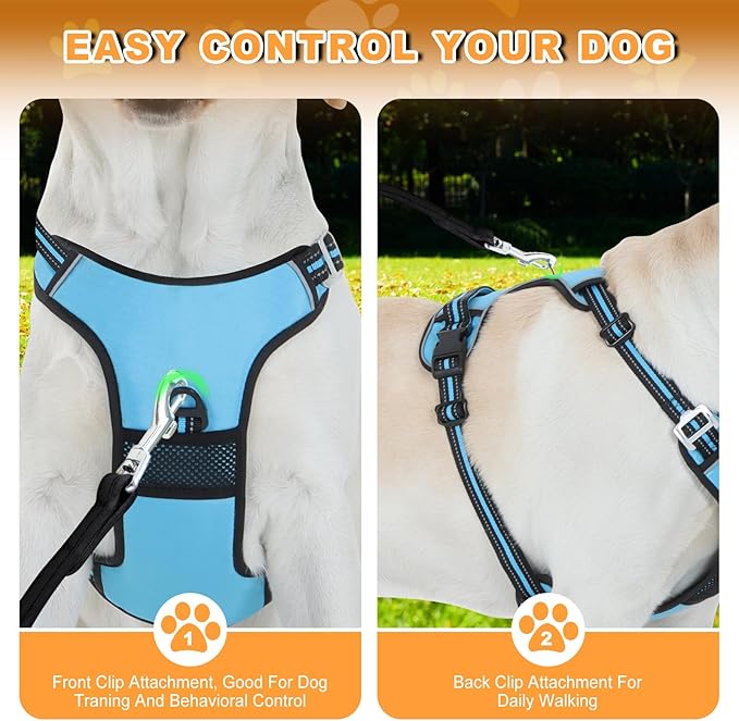 No Pull Dog Harness with 3 Snap Buckles,No Choke Front Lead pet Harness Reflective and Adjustable Soft Padded Vest for Small Medium Large Dog (Blue, Large)
