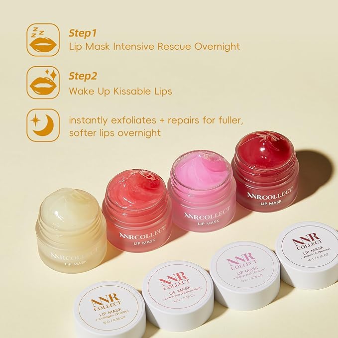 ANRCOLLECT Lip Mask Overnight Set, 4Pcs Lip Care Hydration Treatment Exfoliator Mask Kit, Revives & Nourishes Gift Set for All Day Moisturizing with Collagen & Shea Butter, Valentines Day Gifts