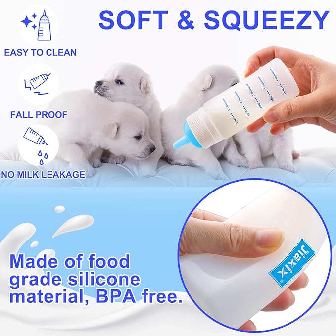 3 Pack Kitten Silicone Bottle Feeding Kit,Nipple & Feeding Kit for Kittens, Reusable Newborn Kitten Supplies, Suitable for Feeding Kitten, Puppy, Rabbit,Hamster (Blue, Large)