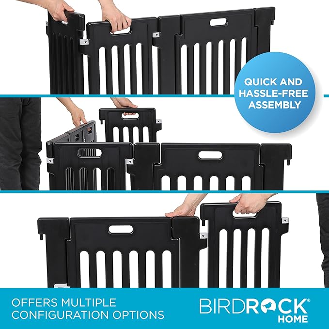 BIRDROCK HOME Dog Playpen w/Door, 12 Panel, 25.6in H | Strong Plastic, Non-Slip Puppy Playpen, Secure Pet Gate | Indoor Outdoor Fence | Configurable Panels | Small to Medium Pets - Black