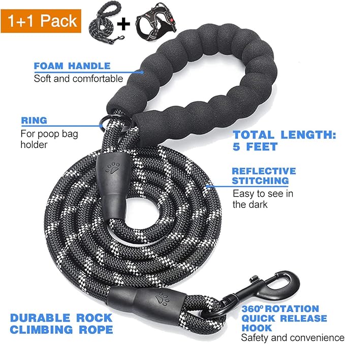 No Pull Dog Harness Adjustable Reflective Oxford Easy Control Medium Large Dog Harness with A Free Heavy Duty 5ft Dog Leash (S (Neck: 13"-18", Chest: 17.5"-22"), Black Harness+Leash)