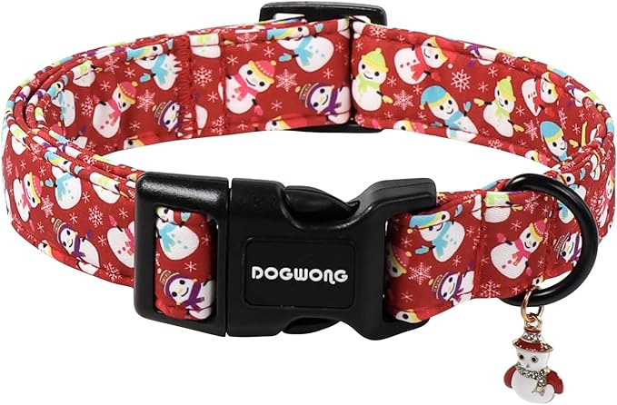 DOGWONG Red Christmas Dog Collar, Cute Snowman Dog Collar Durable Soft Fabric Pet Dog Collars Boy Puppy Necklace for Small Medium Large Dogs,Large
