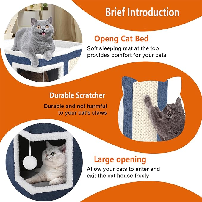 Cat Houses for Indoor Cats, Large Cat Beds Cave with Hideaway Condos, Scratch Pads, Fluffy Balls, Foldable Indoor Cat Cube House for Multi Small Pets Kitten (Dark Blue, Right-Angle)