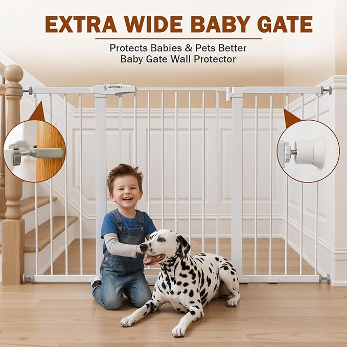Mumeasy 29.7-57" Extra Wide Baby Gate, Auto Close Large Dog Gate for Doorways, No Drilling Pressure Mounted Pet Safety Gate for Stairs, Easy Walk Through Child Gate for Hallways, House, Indoor, White
