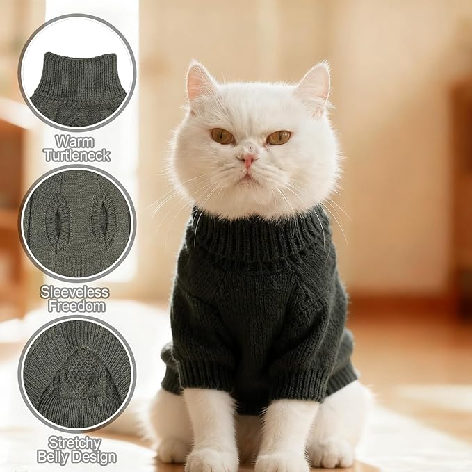 BINGPET Cat Sweater,Thermal Knitted Kitten Clothes Winter Coat,Classic Knit Turtleneck Cat Sweaters for Cats Only,Warm Pet Clothes for Kittens & Small Dogs Puppy Boy Girl Indoor Outdoor(Grey,S)