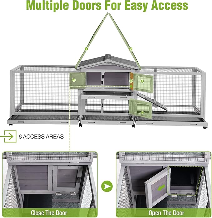 Wooden Rabbit Hutch with Wheels Indoor or Outdoor, Large Rabbit Cage with Leak Proof Tray and Waterproof Roof, Bunny Cage with Chew Proof Ramp, Suitable for Guinea Pig, Hamsters and Small Animals