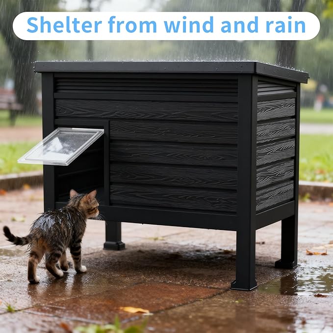 Outdoor Cat House,Weatherproof Feral Cat Shelter with Rasied Floor &Windscreen,Insulated Outdoor Cat House for Feral Cats,Rabbits,Multiple Small Animals(Black)
