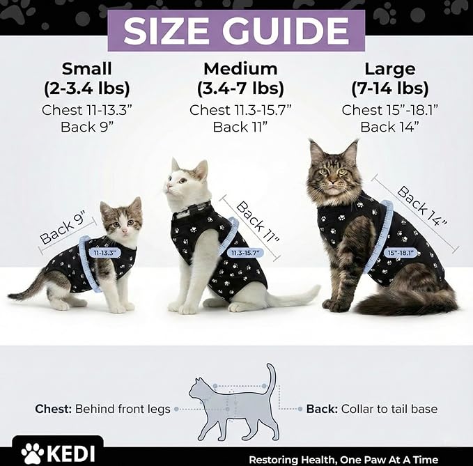 Cat Surgery Recovery Suit Female Cat Onesie for Cats After Surgery Spay Surgical Abdominal Wound Skin Diseases E-Collar Alternative Wear Kitten (Black, Large)