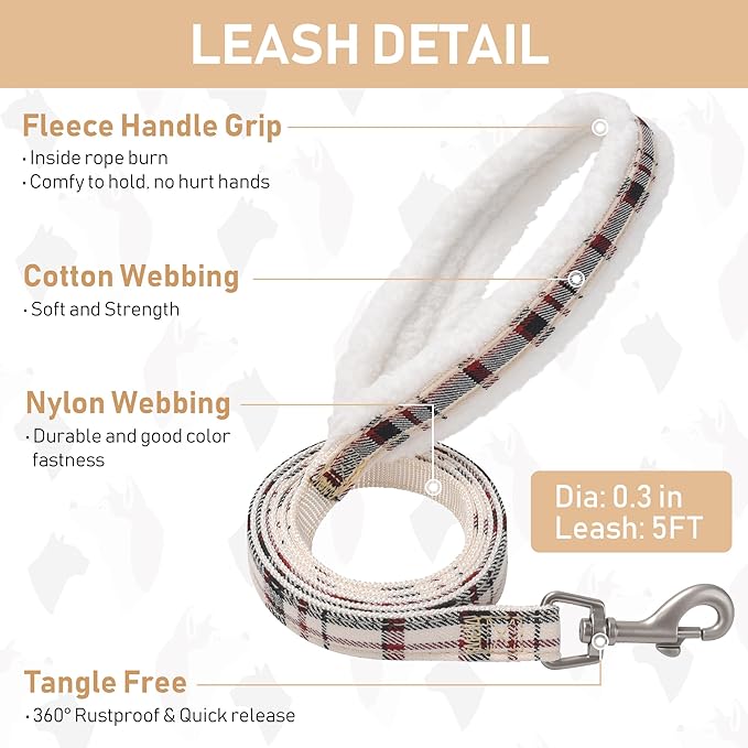 GAMUDA Small Dog Harness Collar and Leash Set, Step in No Chock No Pull Soft Mesh Adjustable Dog Vest Harnesses Plaid Reflective for Dogs Puppy Cats Kitten Rabbit (Warm Beige, XS)