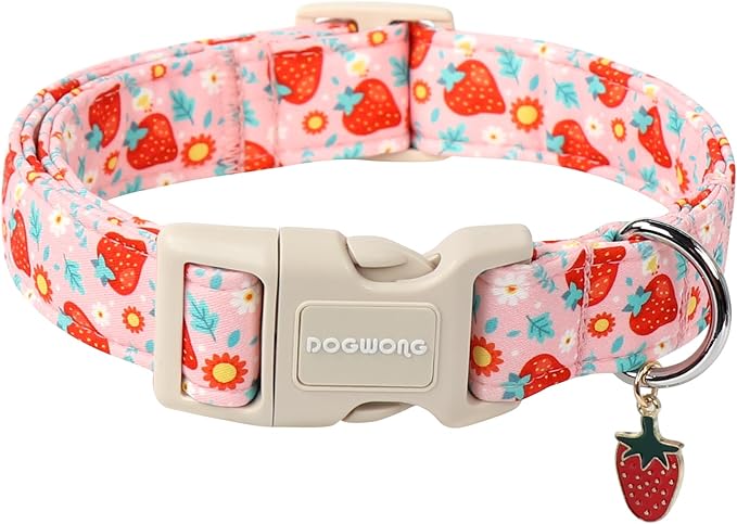 DOGWONG Cute Dog Collar- Strawberry Dog Collars Adjustable Designer Strawberry Flower Puppy Dog Collar for Small Medium Large Dogs M