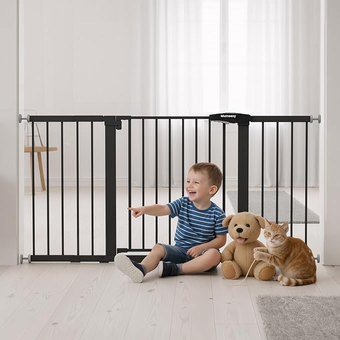 Mumeasy 29.7-57" Extra Wide Baby Gate for Doorways, Auto Close Dog Gate Indoor for Stairs, No-Drill Pressure Mounted Pet Gate with Door, Easy Walk Thru Long&Large Safety Gate for House, Outdoor, Black
