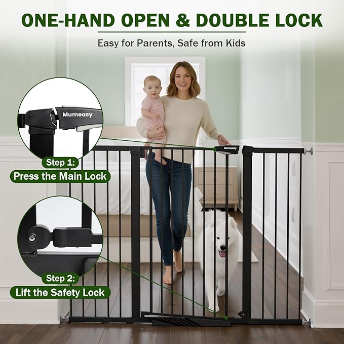 Mumeasy 36" Extra Tall Baby Gate for Doorways, 29.7"-57" Extra Wide Dog Gate for Stairs, Pressure Mounted Auto Close Pet Safety Gate with Easy Walk Thru Door, Large Indoor Child Gate for House, Black