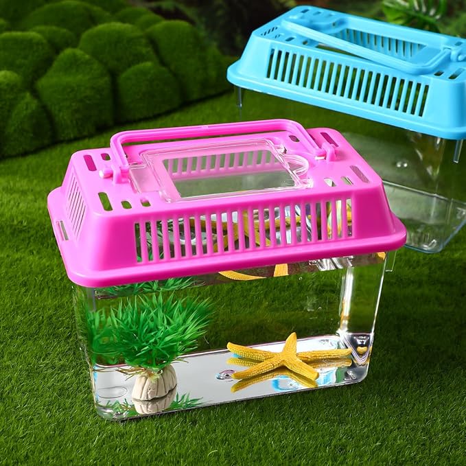 POPETPOP 4 Pcs Mini Fish Tank, Portable Transparent Critter Keeper with Handle, Small Terrarium for Fish Turtles Hermit Crabs Insects, Small Animals Travel Carrier Box (5.9×4.3×3.7 Inch)