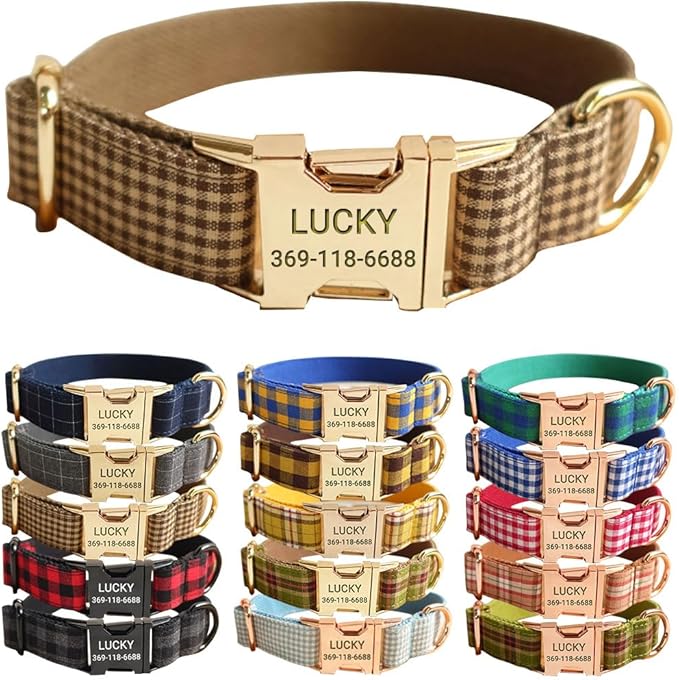 PETDURO Personalized Gingham Plaid Dog Collar Coffee - Engraved Name and Phone Number on Gold Metal Buckle - Custom for Small Medium Large Boy Girl Dogs - Add Leash Bow Tie via Customize Now