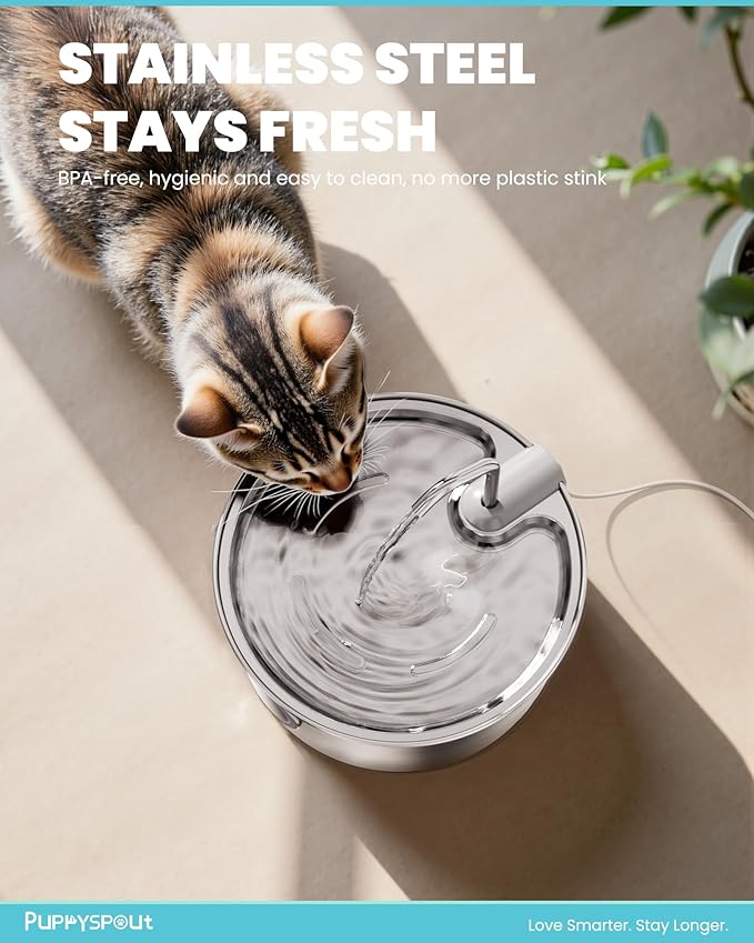 Cat Water Fountain Stainless Steel - 108oz/3.2L Automatic Cat Water Fountain for Drinking with 3 Pcs Filters, Metal Pet Water Fountain Water Dispenser for Cats, Puppy Dogs, Multiple Pets