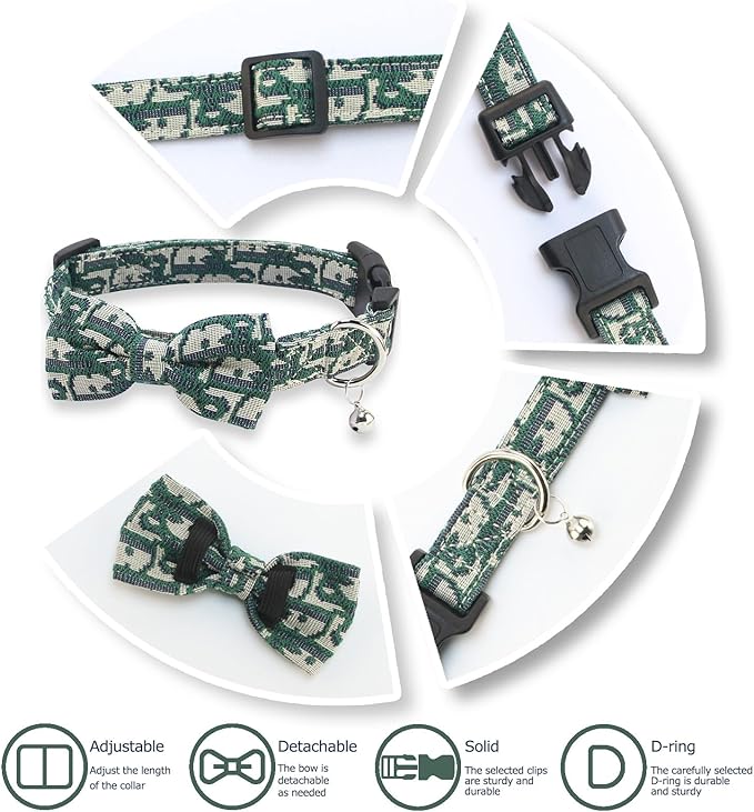 Bowtie Collars for Medium Dogs, Elegant Dog Bow Tie Collars, Dog Collars with Bowtie Adjustable 13.8"-17.7", Green, M