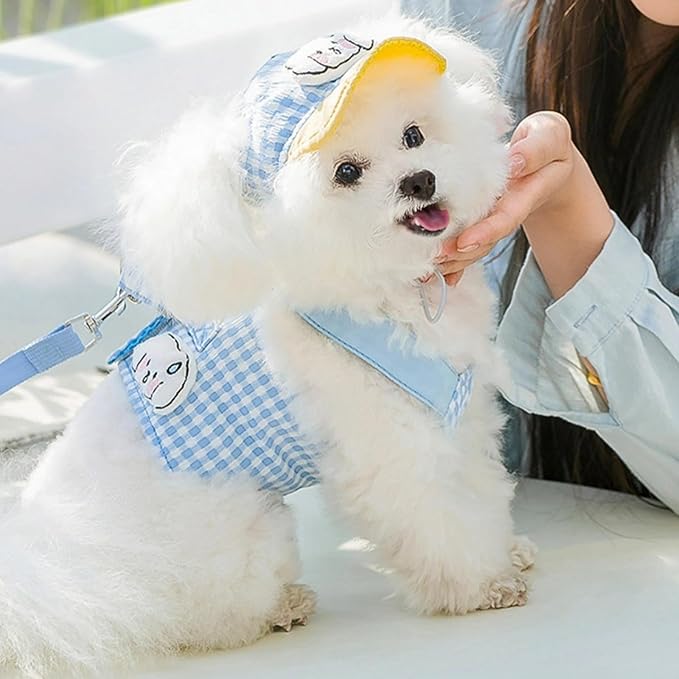 Cat Puppy Costume Leash Harness Baseball Cap 3PCs Set Cute Pet Accessories Multiple Sizes for Cat Small Dog (Blue Leash+Harness+Cap 3pcs,Small)