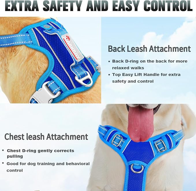 BARKBAY No Pull Dog Harness Large Reflective Dog Harness with Front Clip and Easy Control Handle for Walking Training Running with ID tag Pocket(Sapphire Blue & Blue,XS)