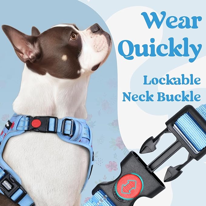 rabbitgoo Dog Harness Medium Sized, No Pull Pet Harness with 3 Buckles, Adjustable Soft Padded Vest with Control Handle, Walking Reflective Pet Vest for Medium Dogs, Floral Blue, M