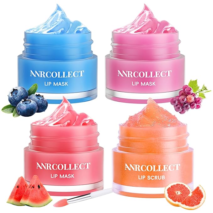 ANRCOLLECT Lip Mask Set, 1 Lip Scrub +3 Overnight Lip Mask, Lip Glowy Balm and Scrub for Women, Exfoliating and Hydrating Dry, Chapped, Crack Lips, 4 Pack Lip Skincare Gift Set, Valentines Day Gifts