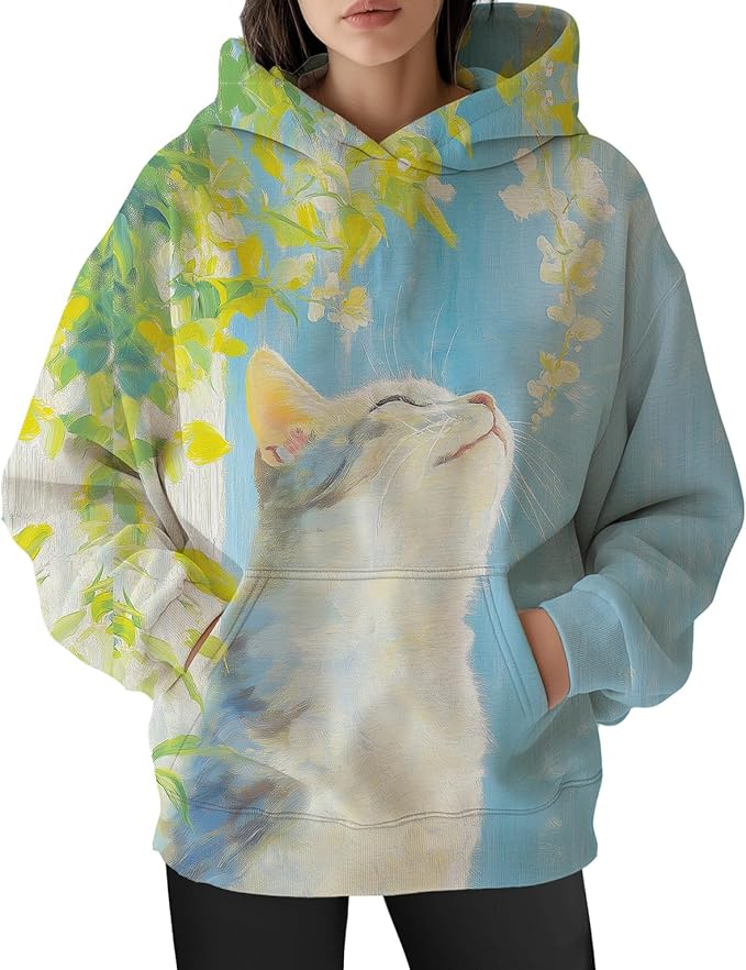 Womens Funny Cat Hoodies Oversized Graphic Hooded Sweatshirt for Women Fall Plus Size Pullover Hoodie Y2K