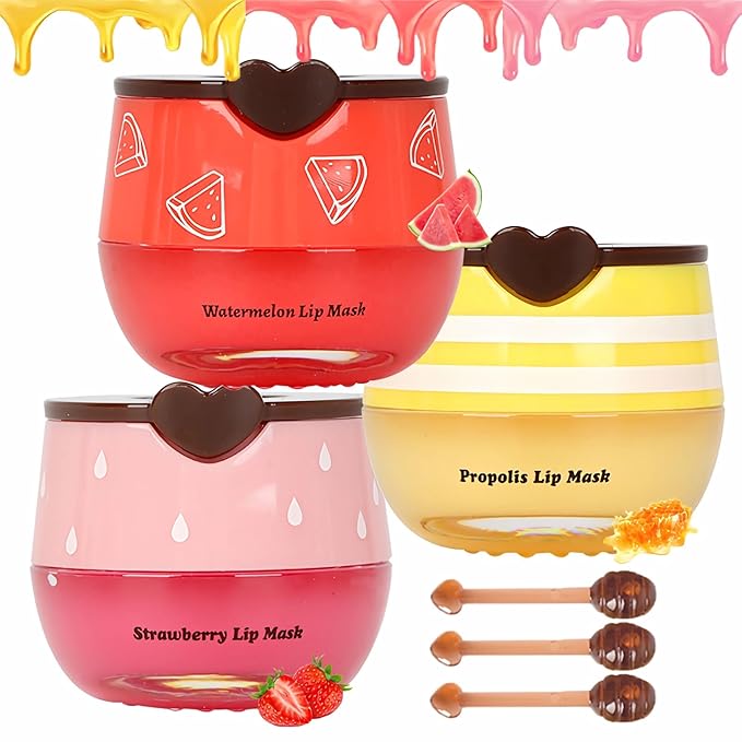 3 PCS Bee Lip Balm Lip Mask Honey Pot, Honey & Strawberry & Watermelon Lip Sleeping Mask Overnight Moisturizing Honey Lip Balm, Hydrating Prevention Dry & Cracked, Mothers Day Gifts, Birthday Gifts