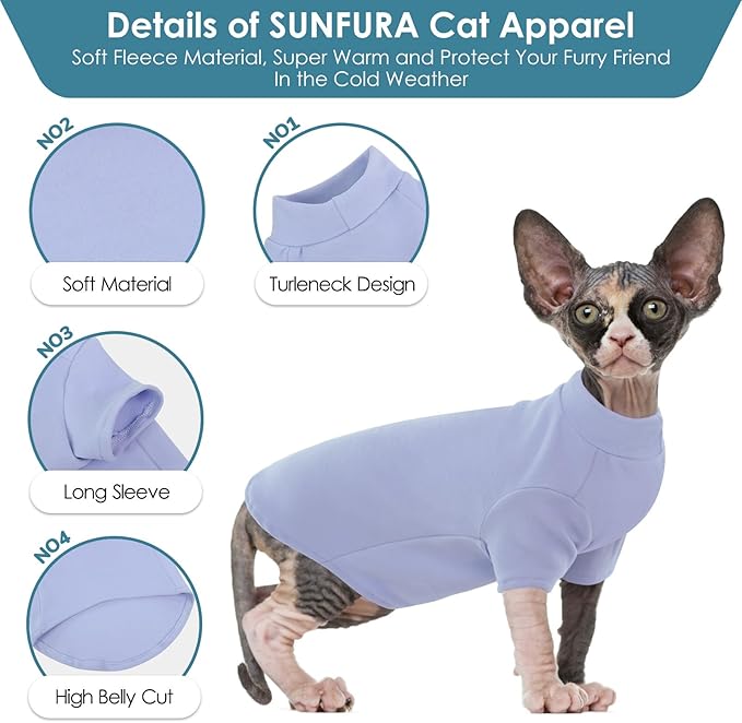 SUNFURA Turtleneck Sweater for Cat, Sphynx Cats Shirt Hairless Cat Sweaters with Sleeves, Warm and Soft Kitten Pullover Fleece Winter Pajamas Jumpsuit for Puppy Cats, Blue M