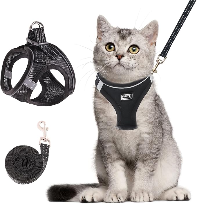 Cat Harness and Leash Set, Soft and Breathable Vest with Reflective Strip, Escape Proof Kitten Harness, Easy to Wear for Cats Walking and Traveling (Black, M)
