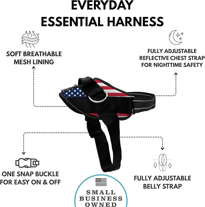 ShawnCo Essential Dog Harness, No-Pull Pet Vest with 3 Leash Clips, No Choke, Reflective, Adjustable and Padded, for Easy Walking and Training for Small, Medium and Large Dogs (Stars and Stripes, XS)