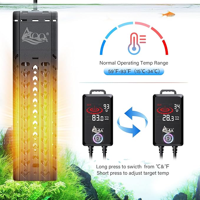 AQQA Aquarium Heater 1200W for 170-290 Gallon Large Fish Tank Submersible Pond Heater with External Controller Overheat & Dry-Run Protection Adjustable Temp Range 59-93℉ (AQ197-1200W for 170-290Gal)