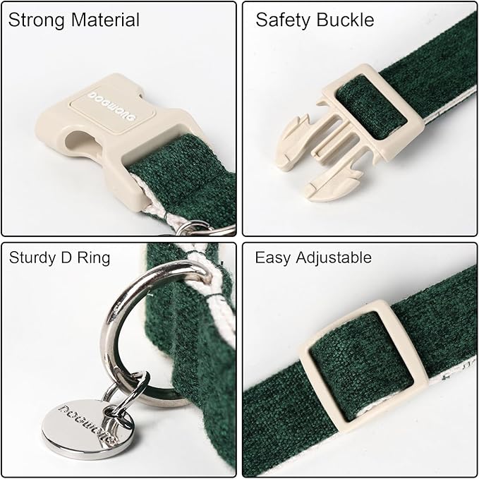 DOGWONG Cotton Hemp Dog Collar - Heavy-Duty Adjustable Soft Natural Fabric Pet Collar for Christmas, Holiday - Cute Puppy Necklace for Small Medium Large Dogs (Green)